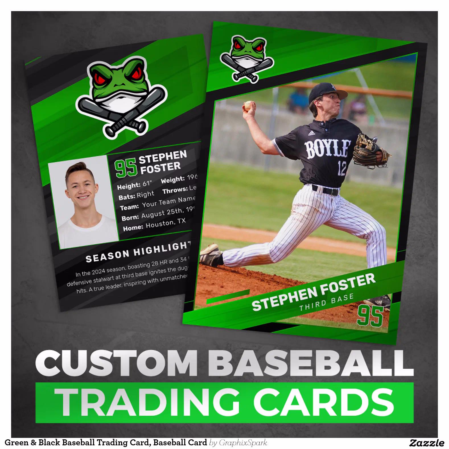 Green & Black Baseball Trading Card, Baseball Card