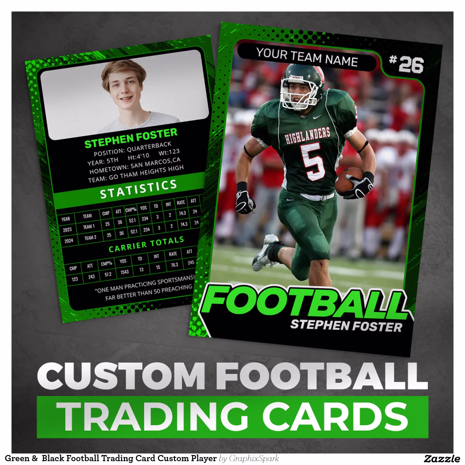 Green &  Black Football Trading Card Custom Player