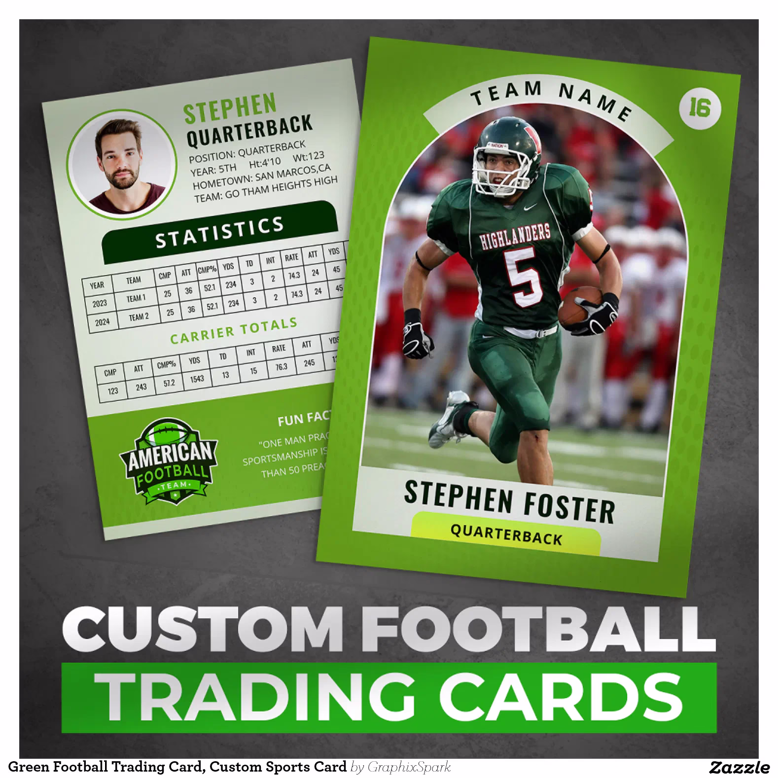 Green Football Trading Card, Custom Sports Card