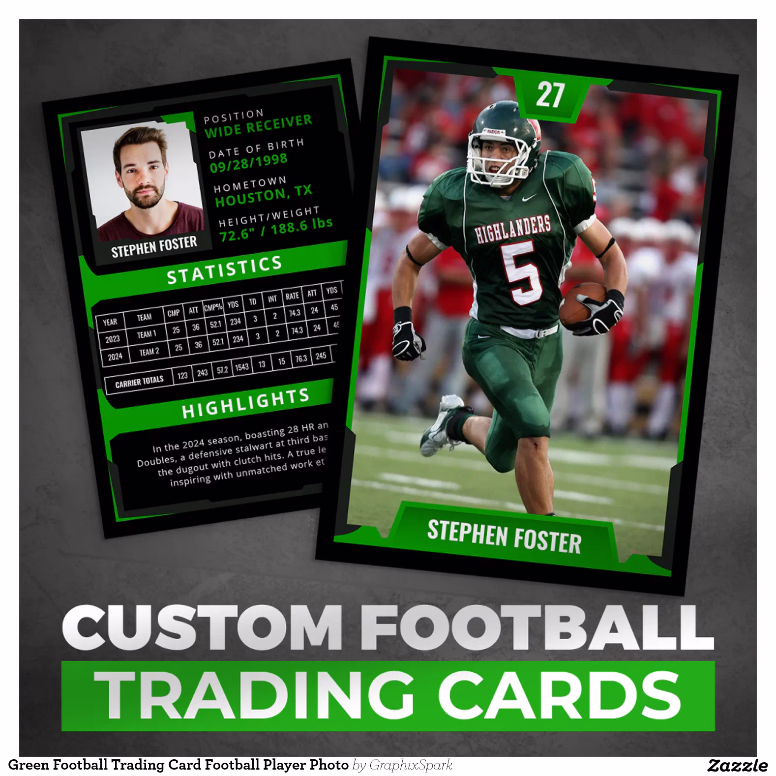 Green Football Trading Card Football Player Photo