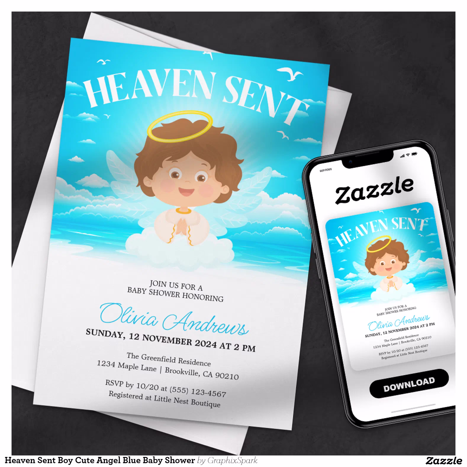 Heaven Sent Boy Cute Angel Blue Baby Shower Invitation