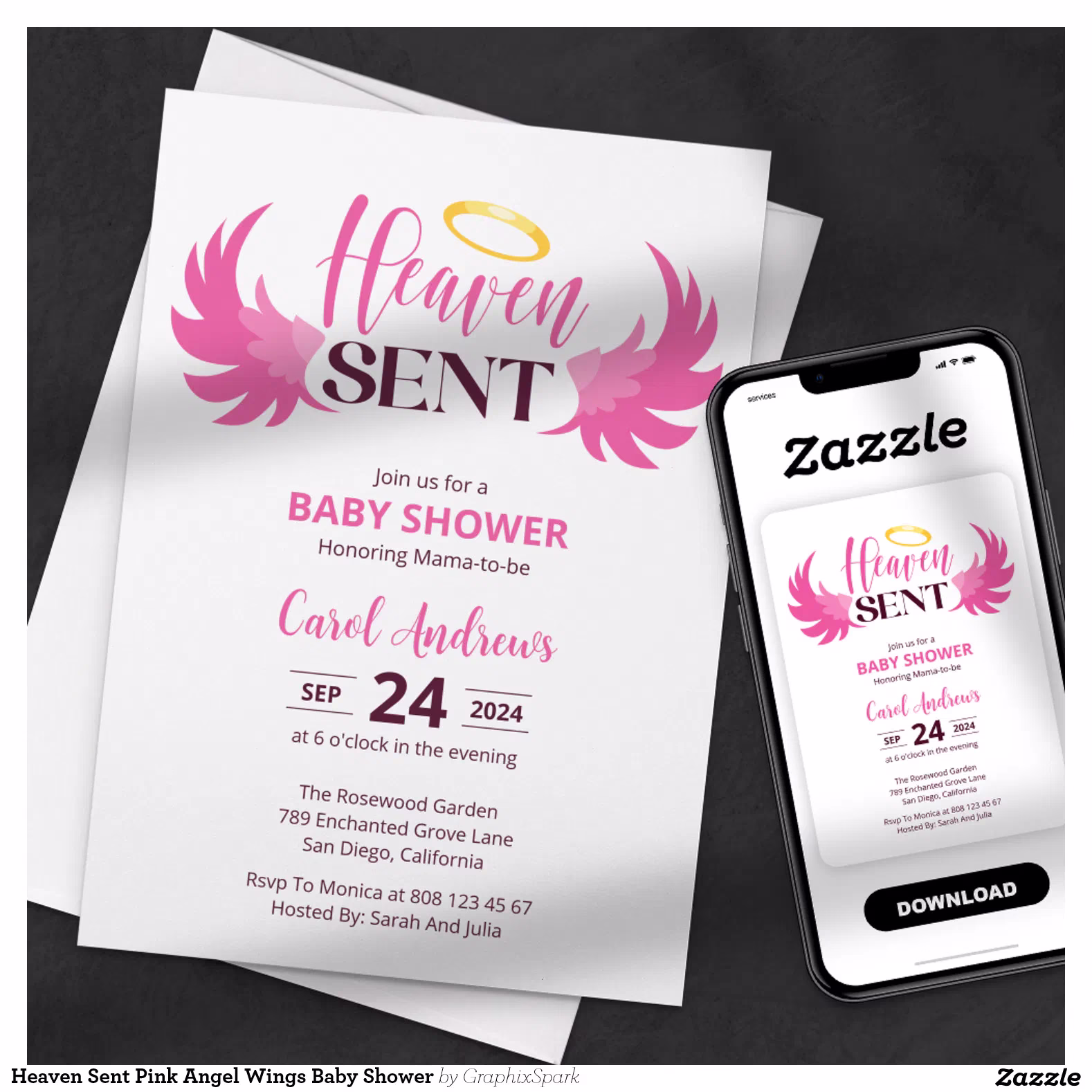 Heaven Sent Pink Angel Wings Baby Shower Invitation