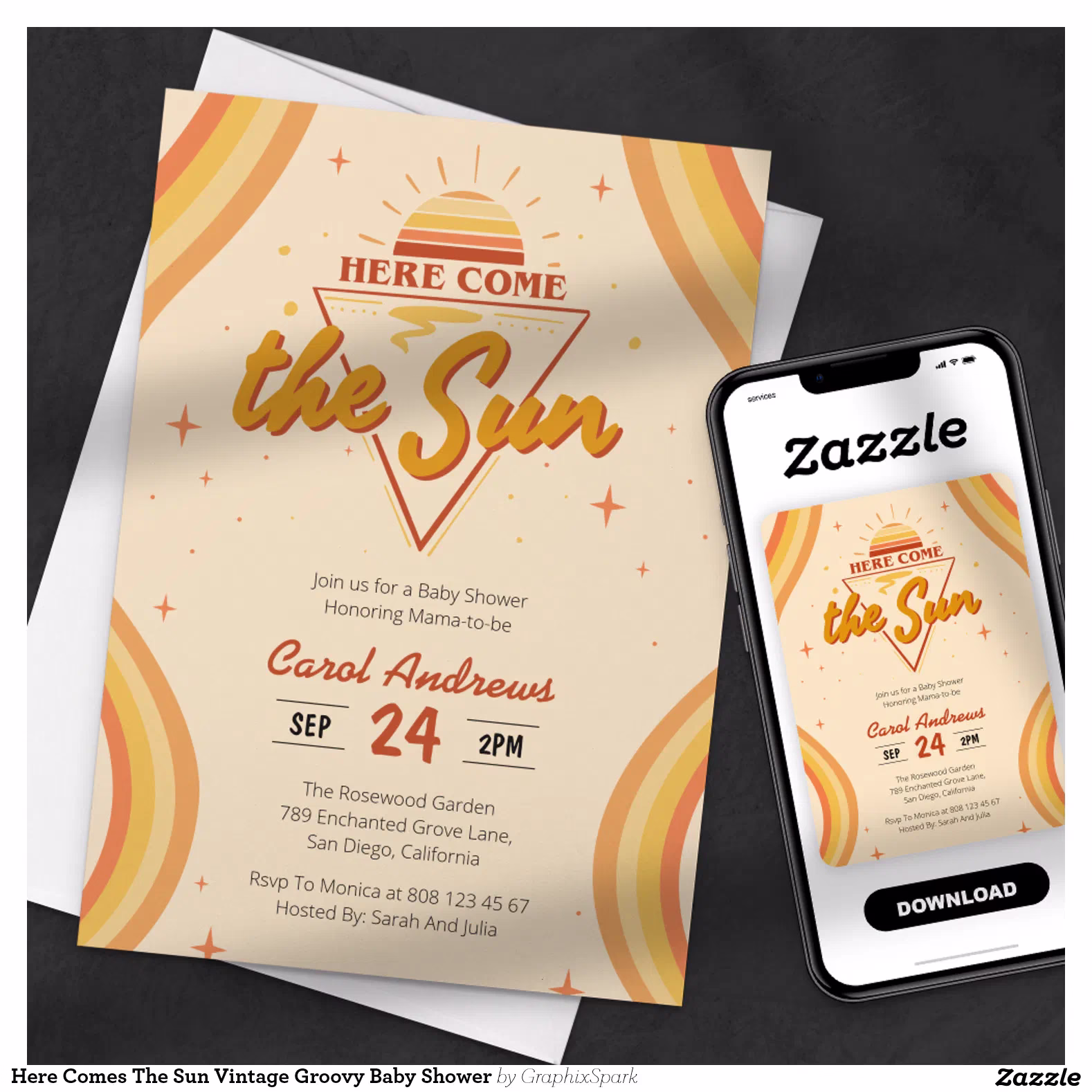 Here Comes The Sun Vintage Groovy Baby Shower Invitation