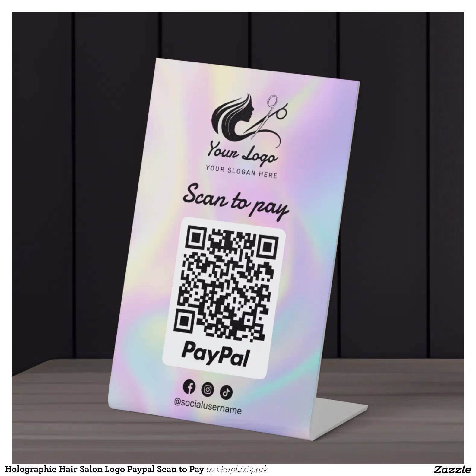Holographic Hair Salon Logo Paypal Scan to Pay Pedestal Sign
