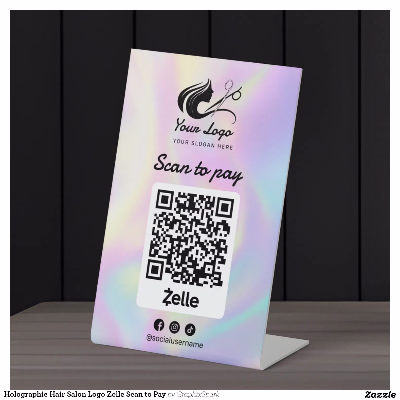 Holographic Hair Salon Logo Zelle Scan to Pay Pedestal Sign