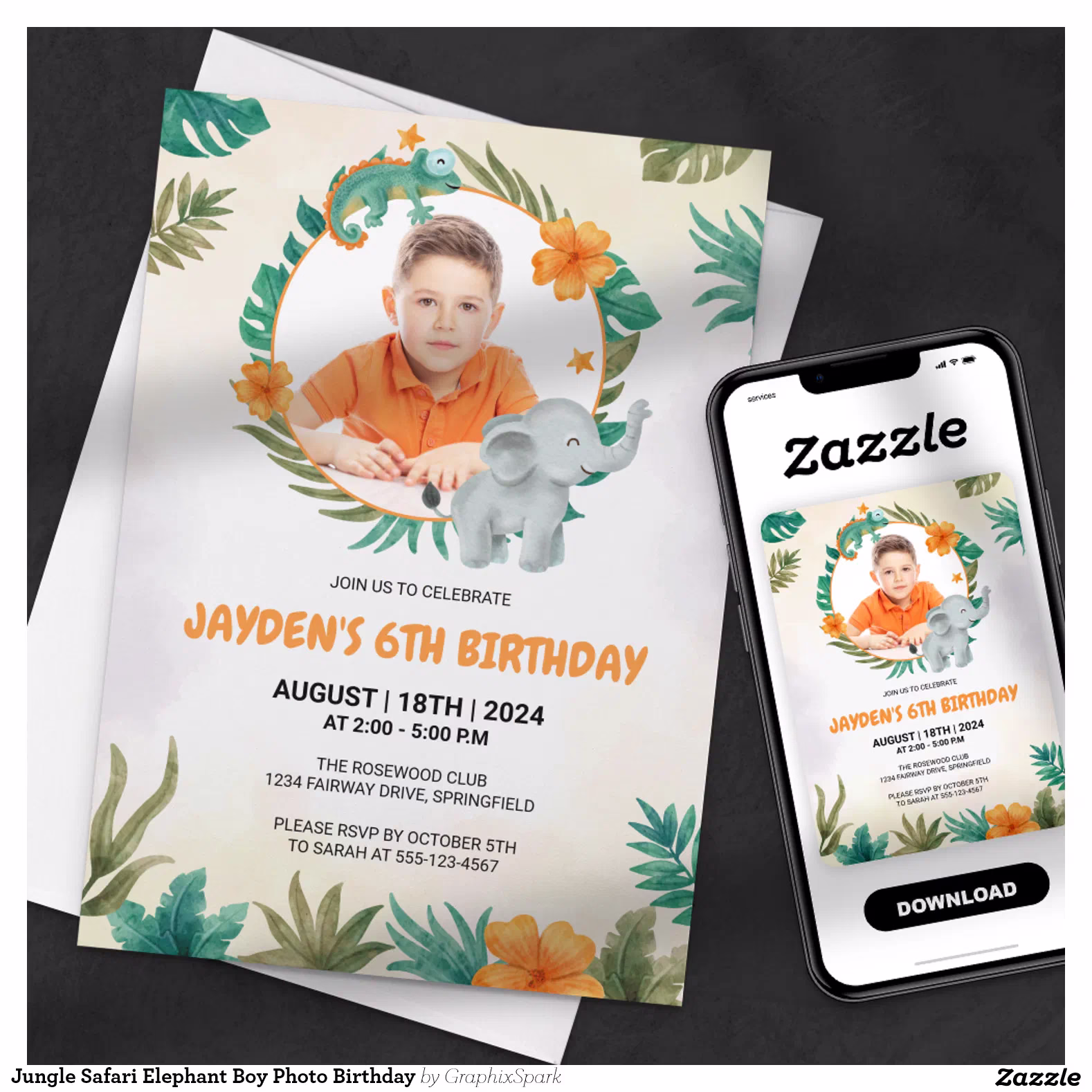 Jungle Safari Elephant Boy Photo Birthday Invitation