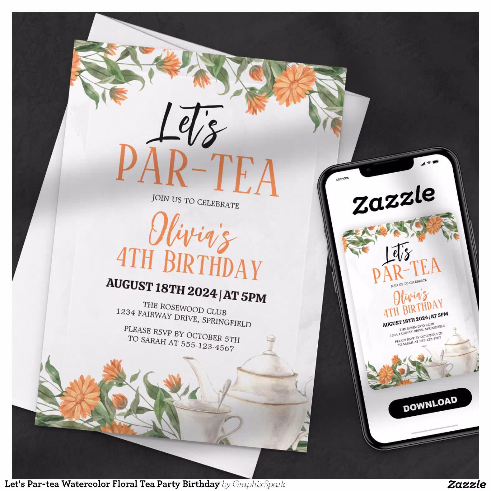 Let's Par-tea Watercolor Floral Tea Party Birthday Invitation
