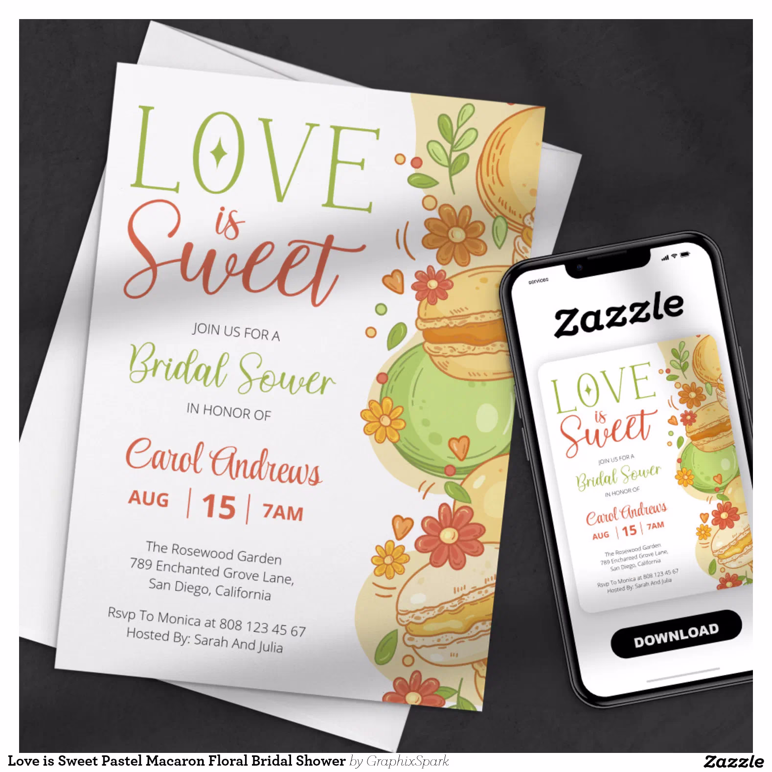 Love is Sweet Pastel Macaron Floral Bridal Shower Invitation