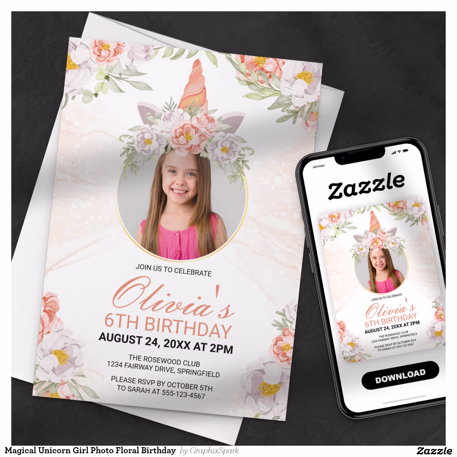 Magical Unicorn Girl Photo Floral Birthday  Invitation