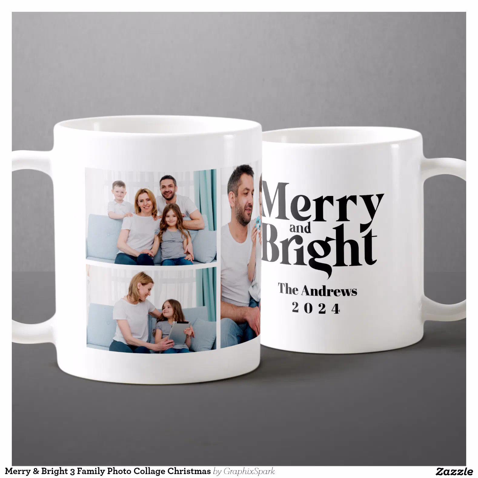 Merry & Bright 3 Family Photo Collage Christmas Coffee Mug