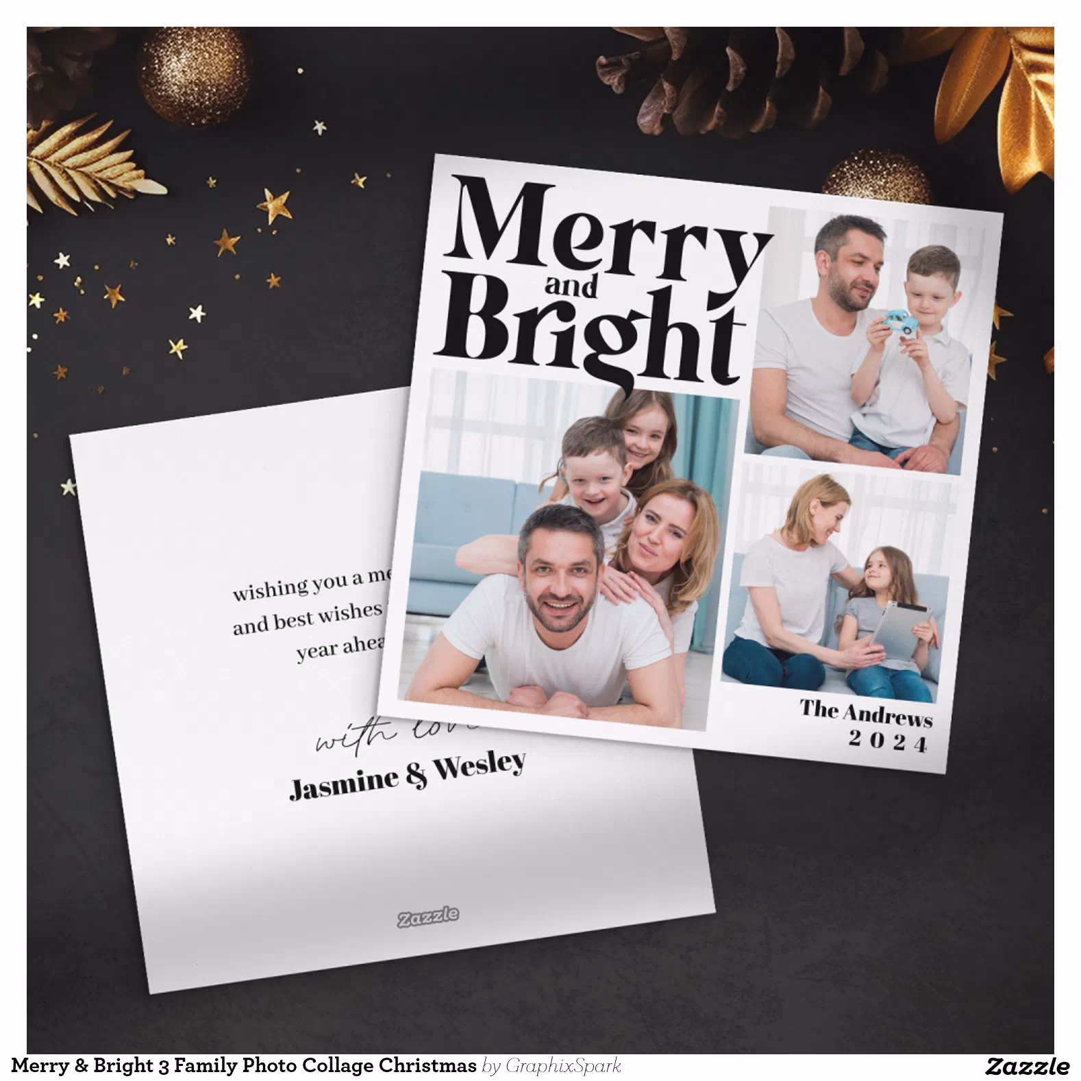 Merry & Bright 3 Family Photo Collage Christmas Holiday Card