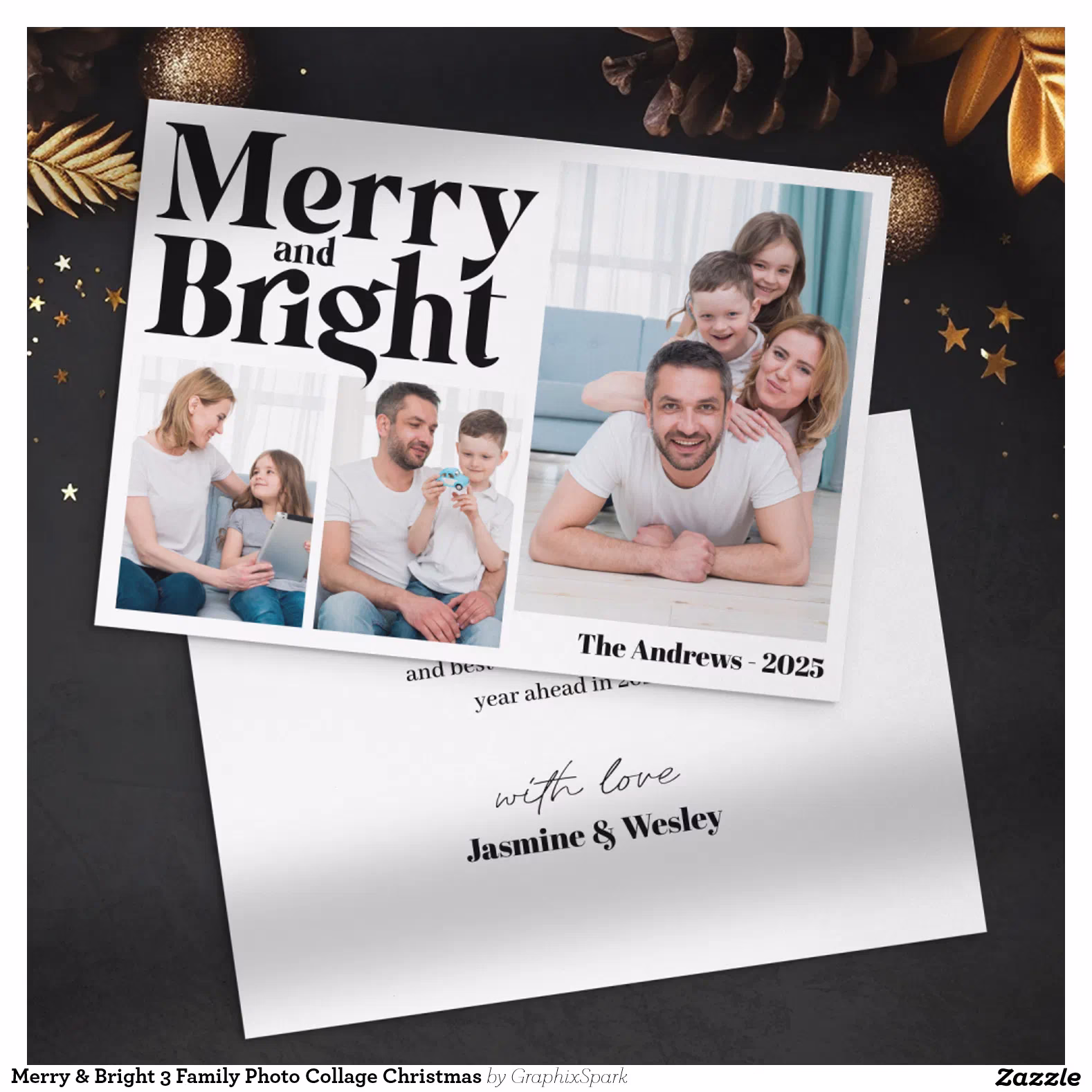 Merry & Bright 3 Family Photo Collage Christmas Holiday Card