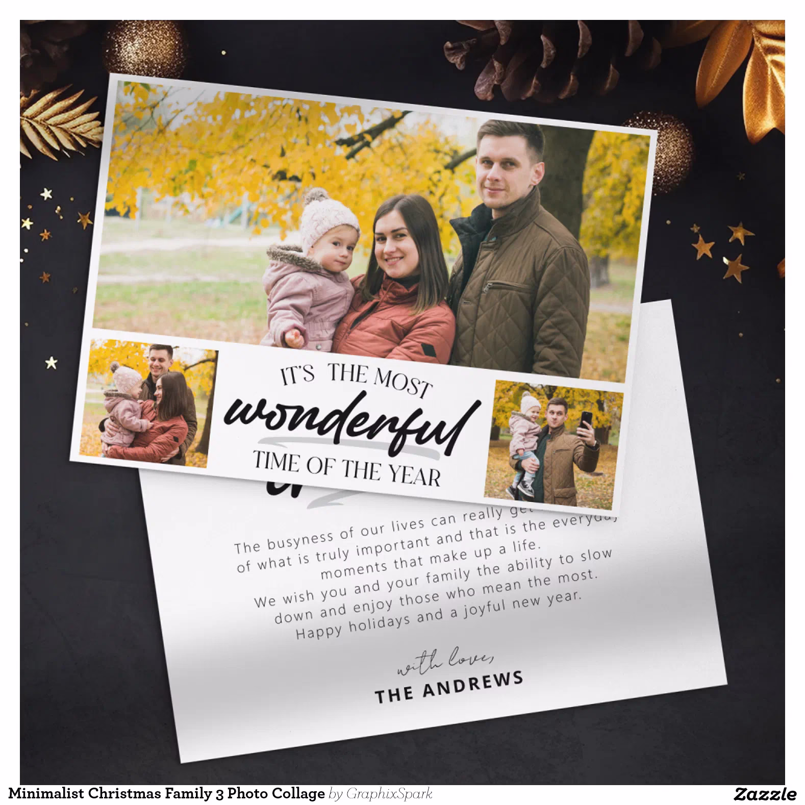 Minimalist Christmas Family 3 Photo Collage Holiday Card