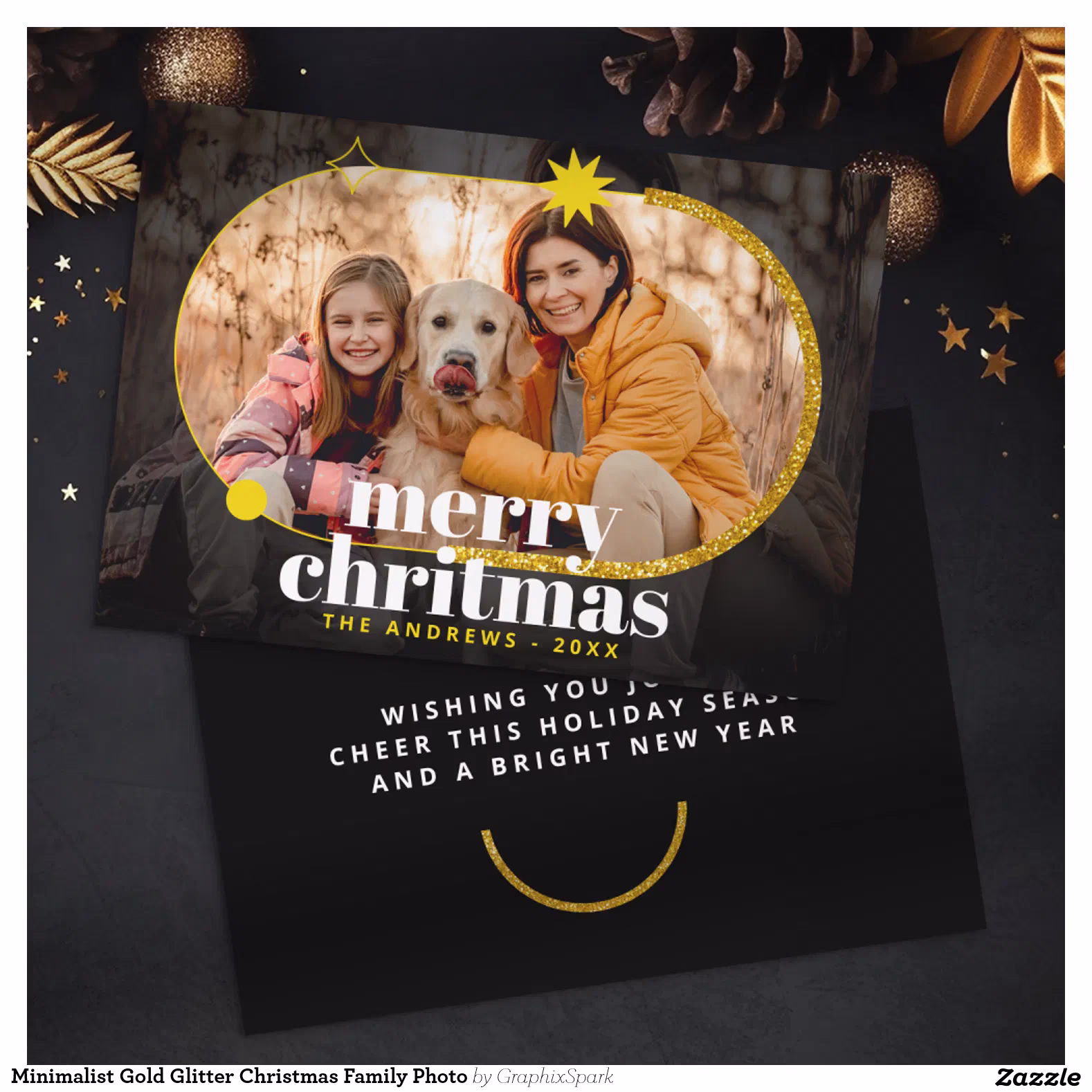 Minimalist Gold Glitter Christmas Family Photo Holiday Card