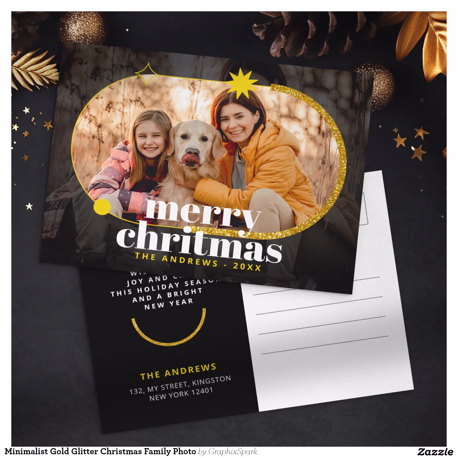 Minimalist Gold Glitter Christmas Family Photo Holiday Postcard