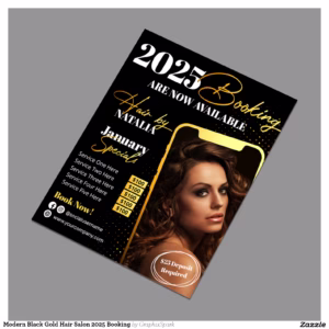 Modern Black Gold Hair Salon 2025 Booking Flyer