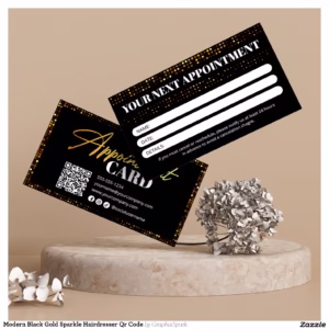 Modern Black Gold Sparkle Hairdresser Qr Code Appointment Card