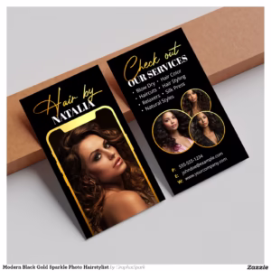Modern Black Gold Sparkle Photo Hairstylist Business Card