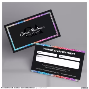 Modern Black & Rainbow Glitter Hair Stylist Appointment Card
