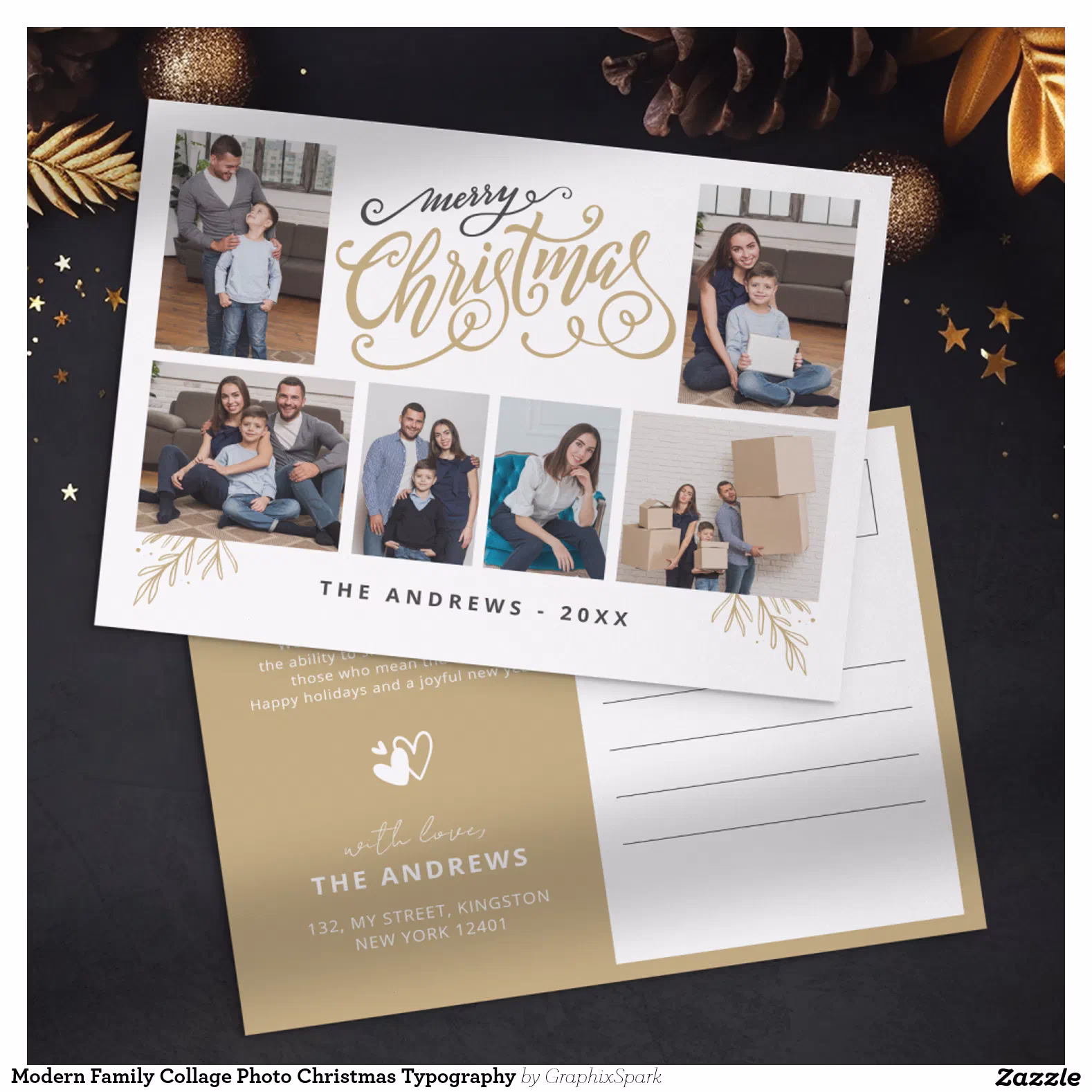 Modern Family Collage Photo Christmas Typography Holiday Postcard