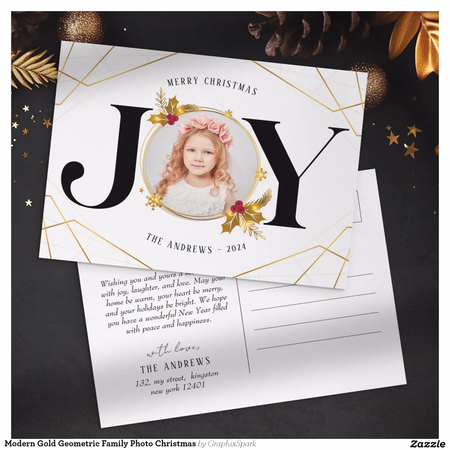 Modern Gold Geometric Family Photo Christmas Holiday Postcard