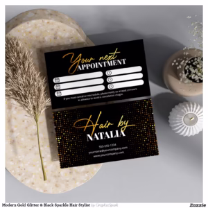 Modern Gold Glitter & Black Sparkle Hair Stylist Appointment Card