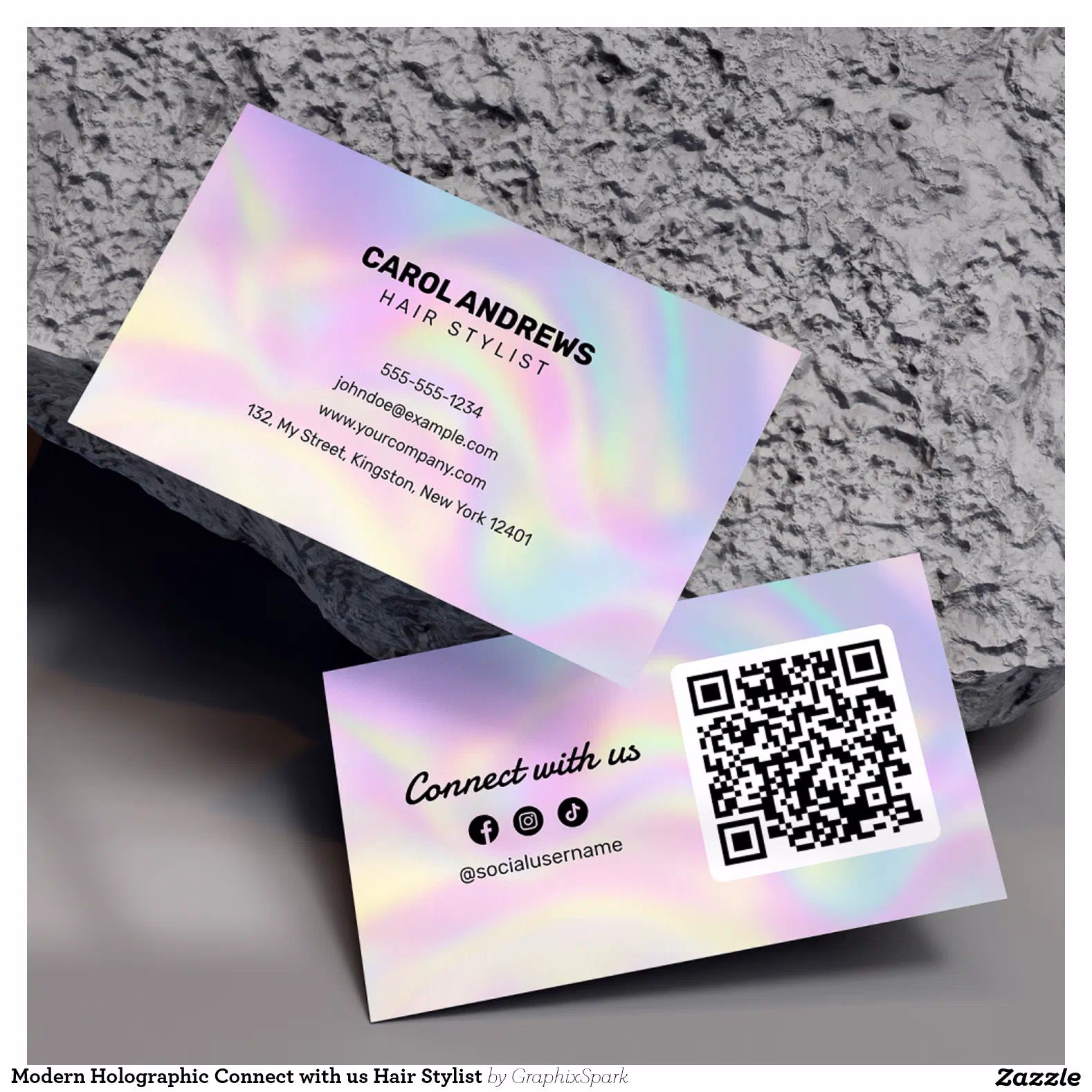 Modern Holographic Connect with us Hair Stylist Business Card