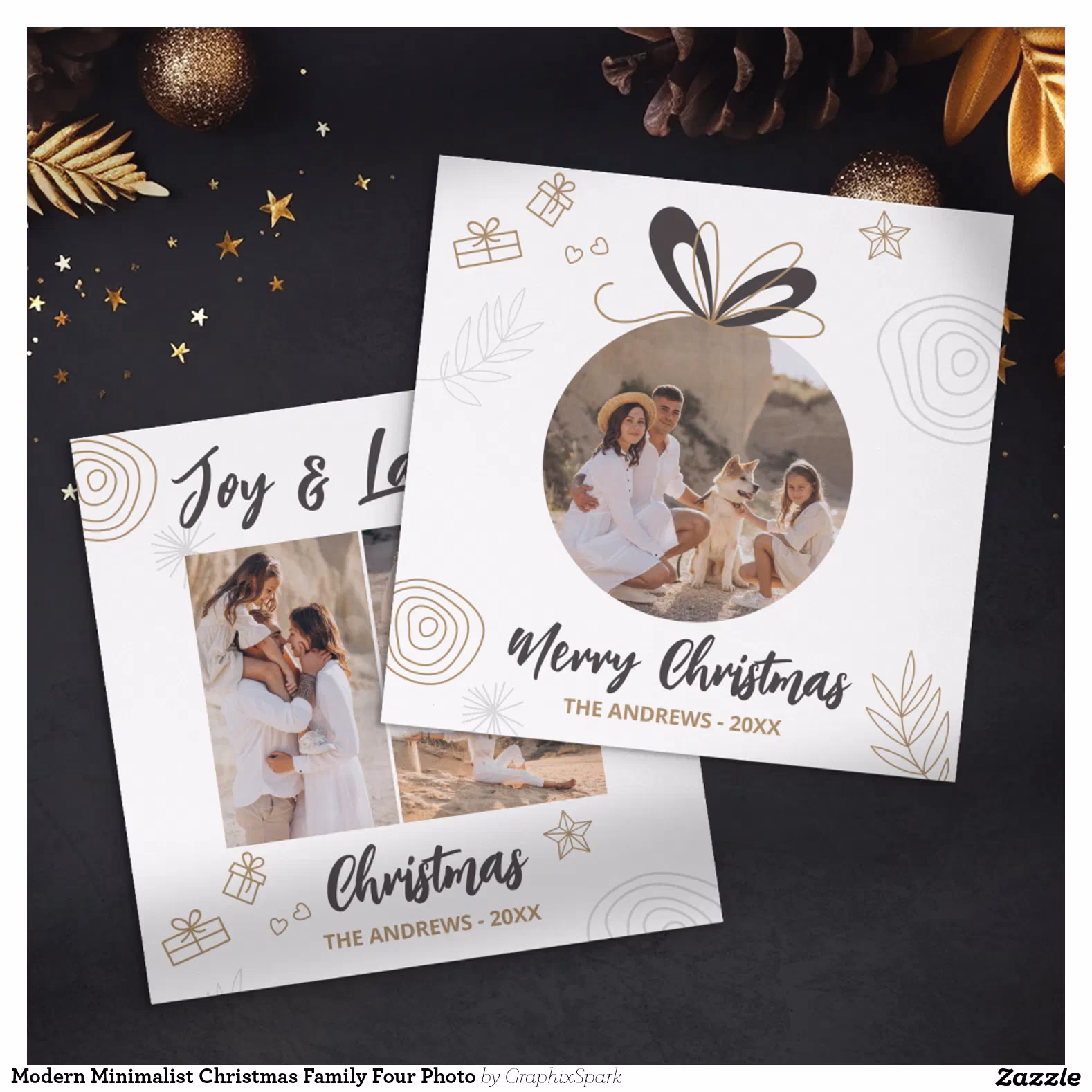 Modern Minimalist Christmas Family Four Photo Holiday Card