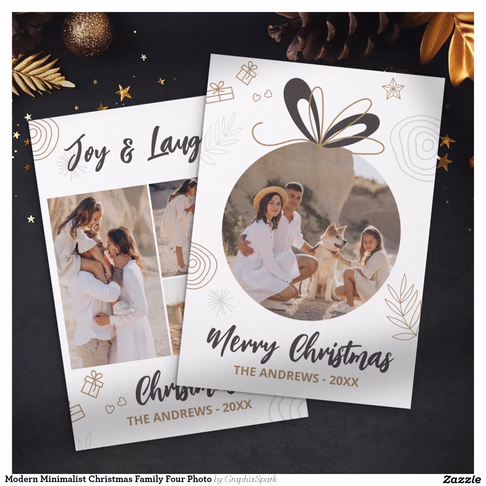 Modern Minimalist Christmas Family Four Photo Holiday Card