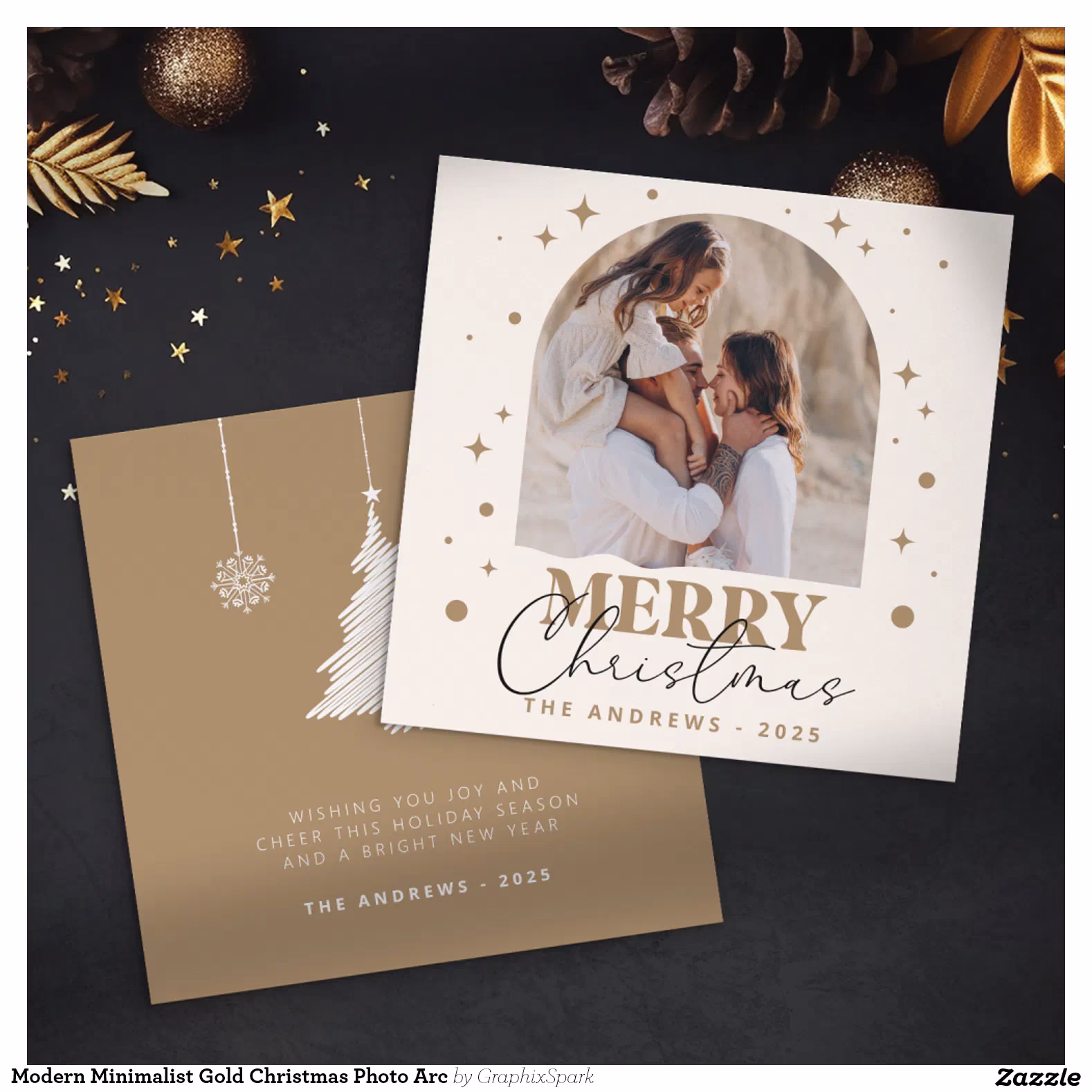Modern Minimalist Gold Christmas Photo Arc Holiday Card