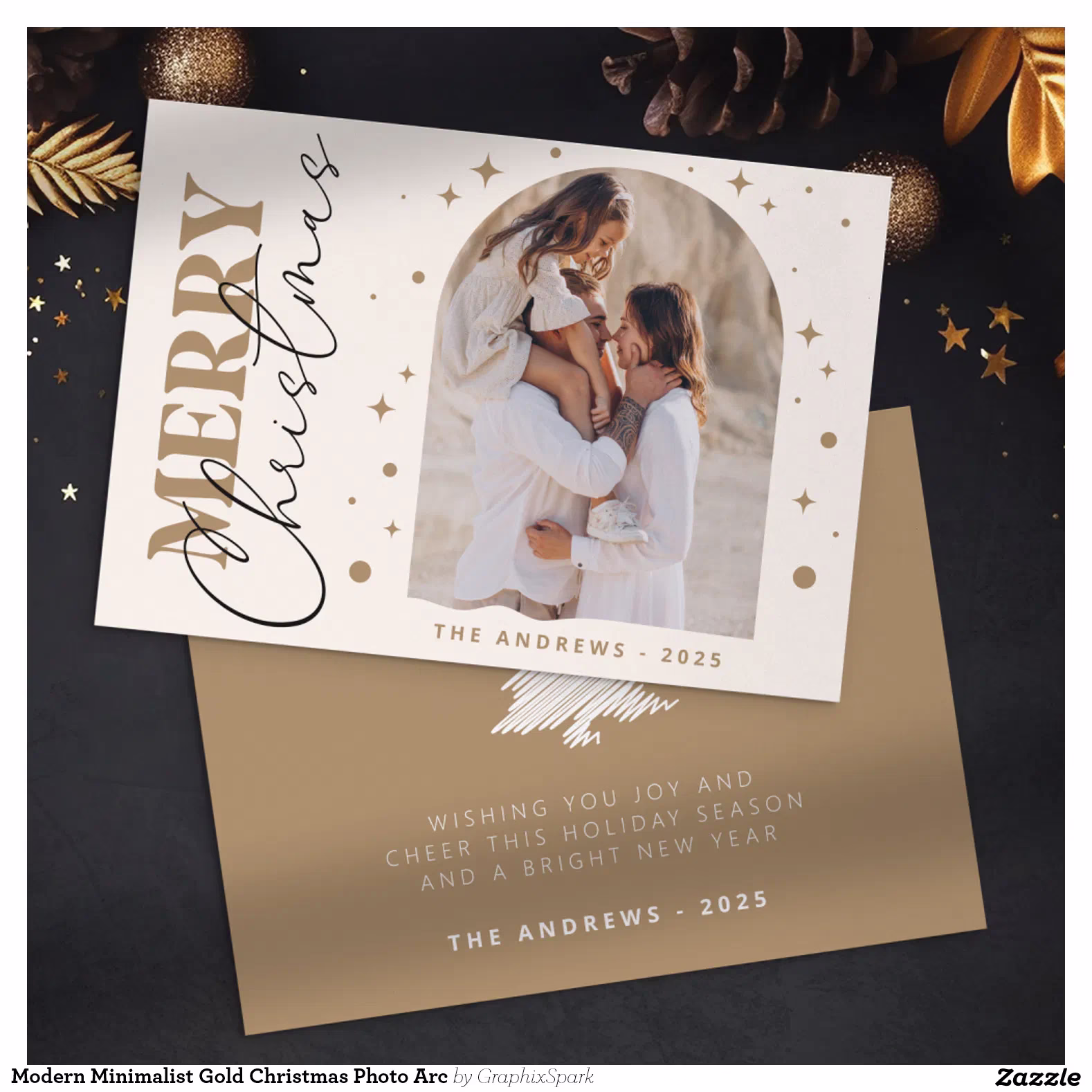 Modern Minimalist Gold Christmas Photo Arc Holiday Card