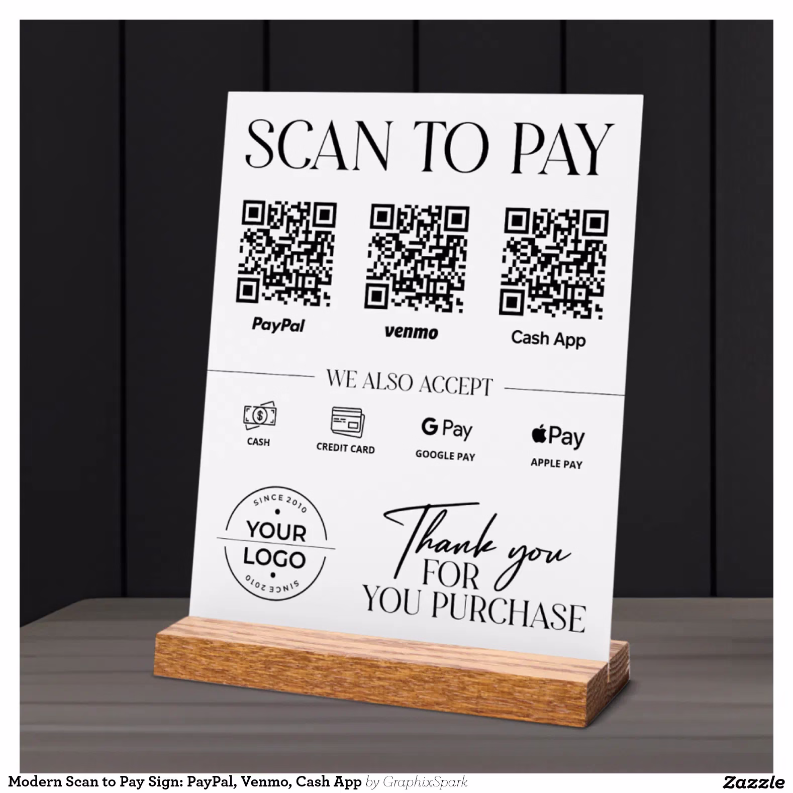 Modern Scan to Pay Sign: PayPal, Venmo, Cash App Acrylic Sign