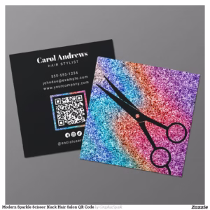Modern Sparkle Scissor Black Hair Salon QR Code Square Business Card