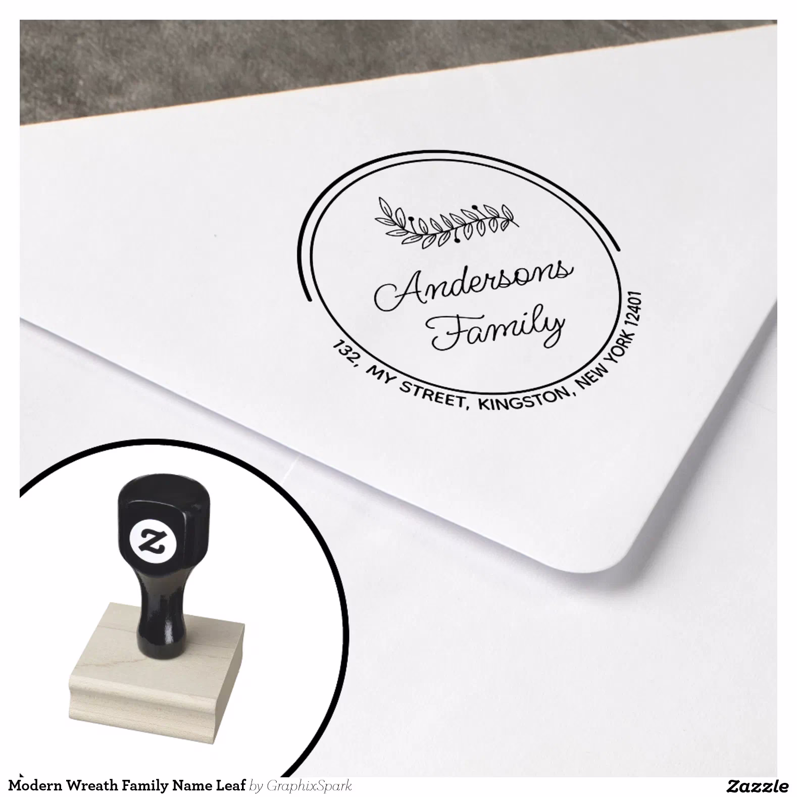 Modern Wreath Family Name Leaf Rubber Stamp