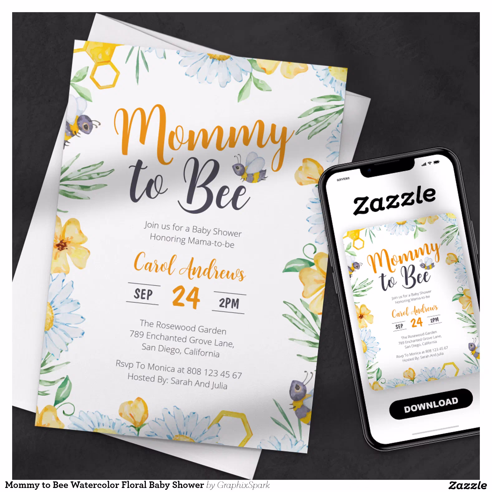 Mommy to Bee Watercolor Floral Baby Shower Invitation