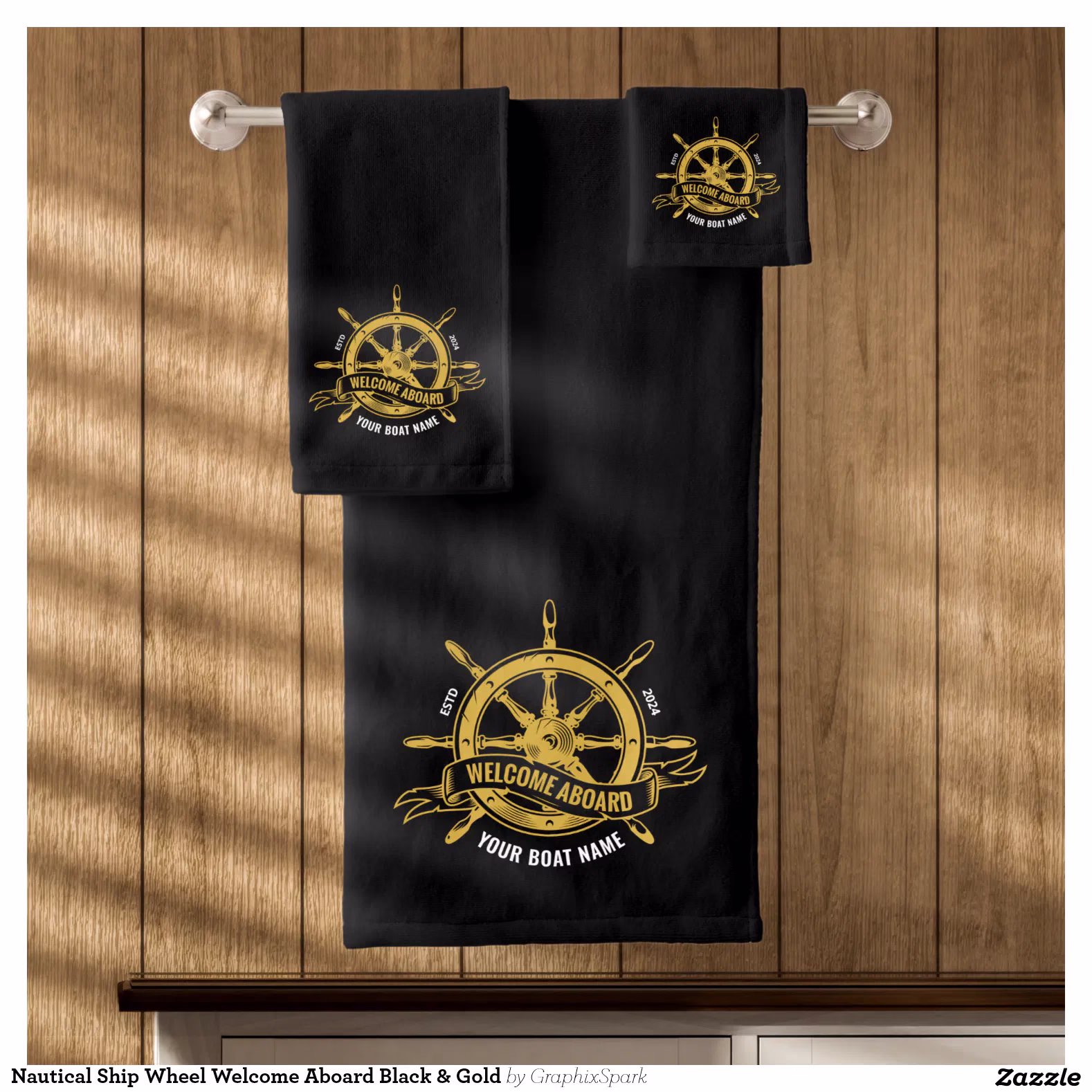 Nautical Ship Wheel Welcome Aboard Black & Gold Bath Towel Set