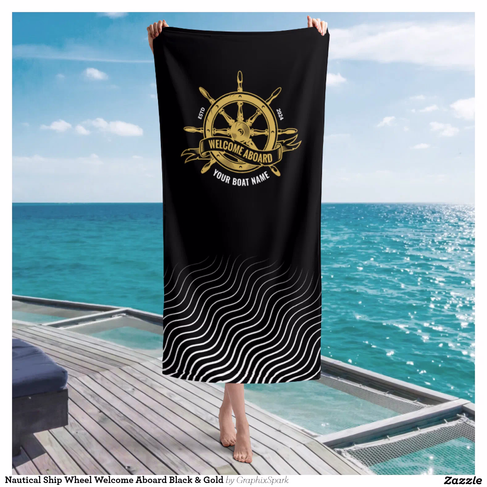 Nautical Ship Wheel Welcome Aboard Black & Gold Beach Towel