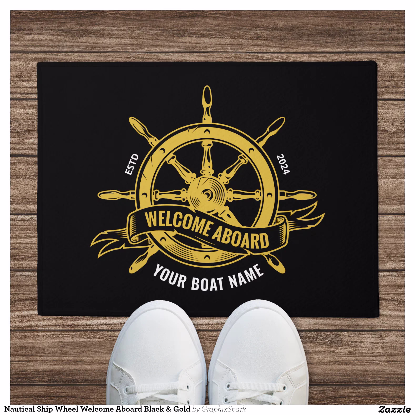 Nautical Ship Wheel Welcome Aboard Black & Gold Doormat