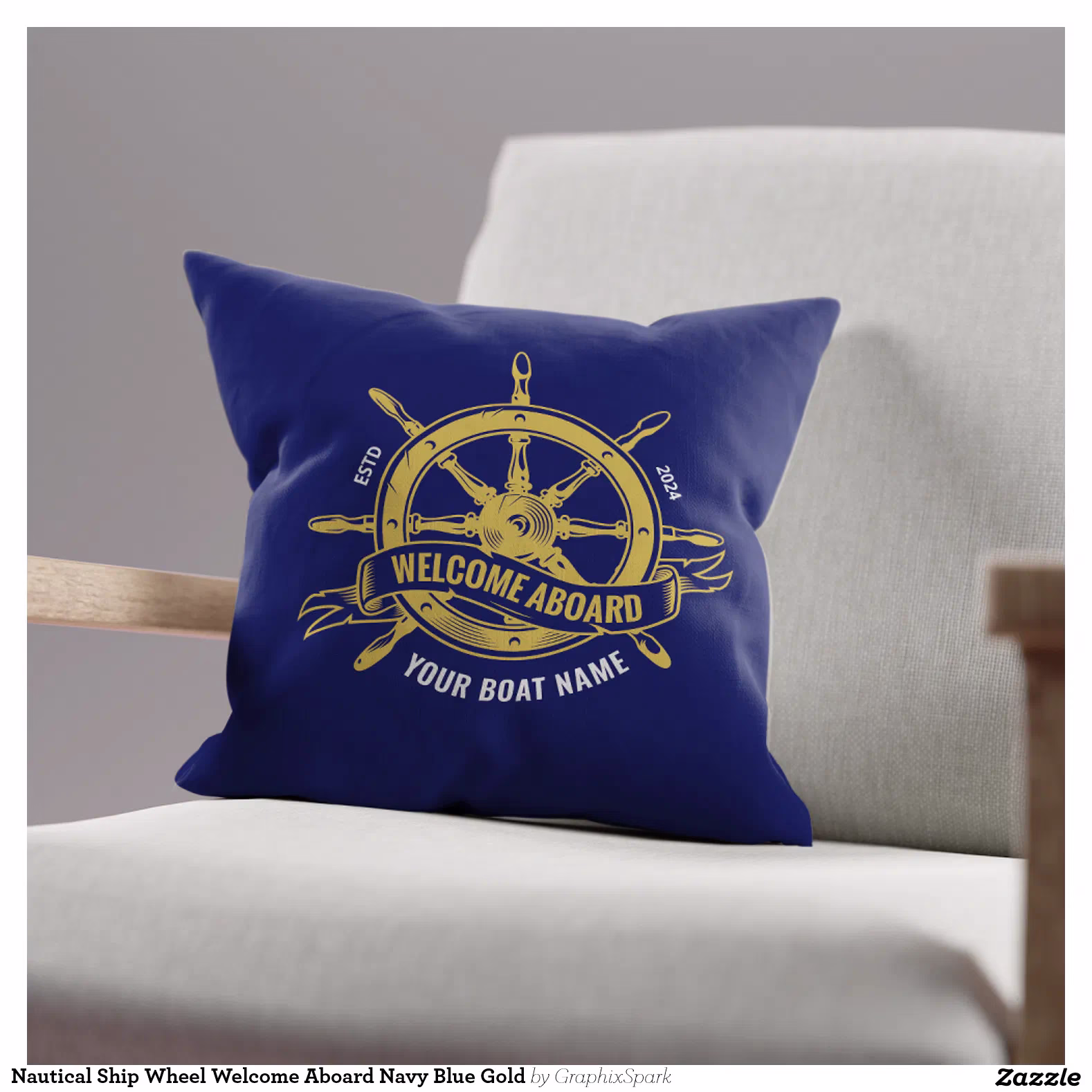 Nautical Ship Wheel Welcome Aboard Navy Blue Gold Throw Pillow