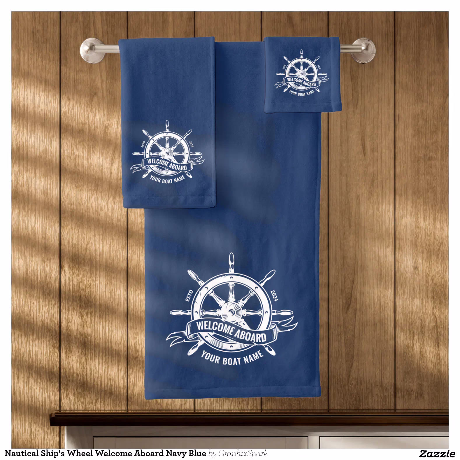Nautical Ship's Wheel Welcome Aboard Navy Blue Bath Towel Set
