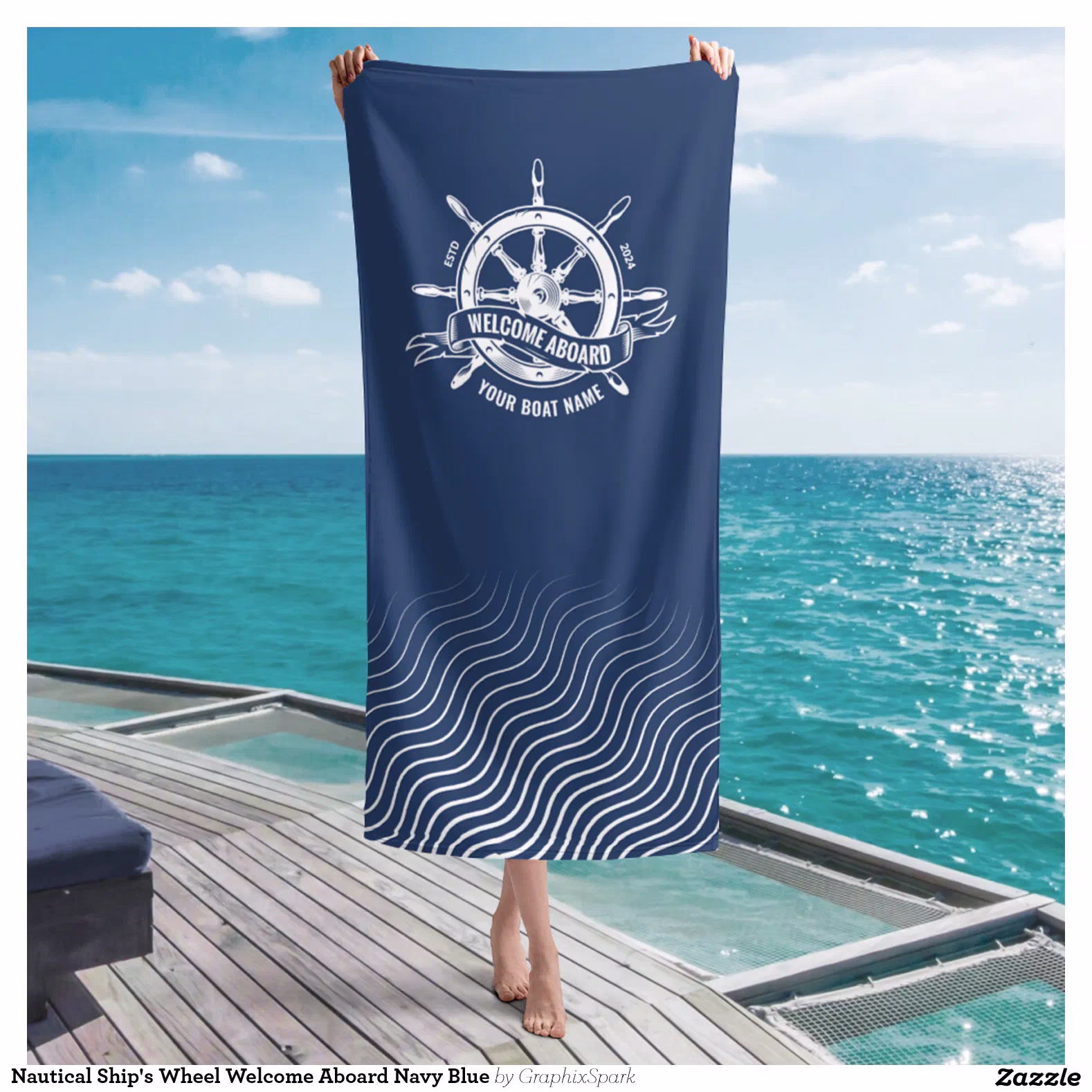 Nautical Ship's Wheel Welcome Aboard Navy Blue Beach Towel