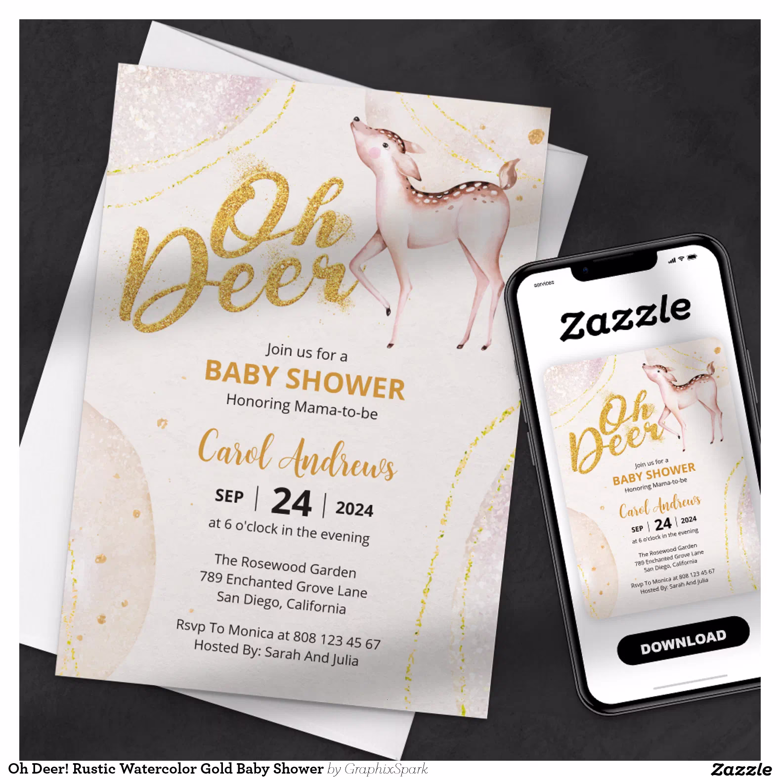 Oh Deer! Rustic Watercolor Gold Baby Shower Invitation
