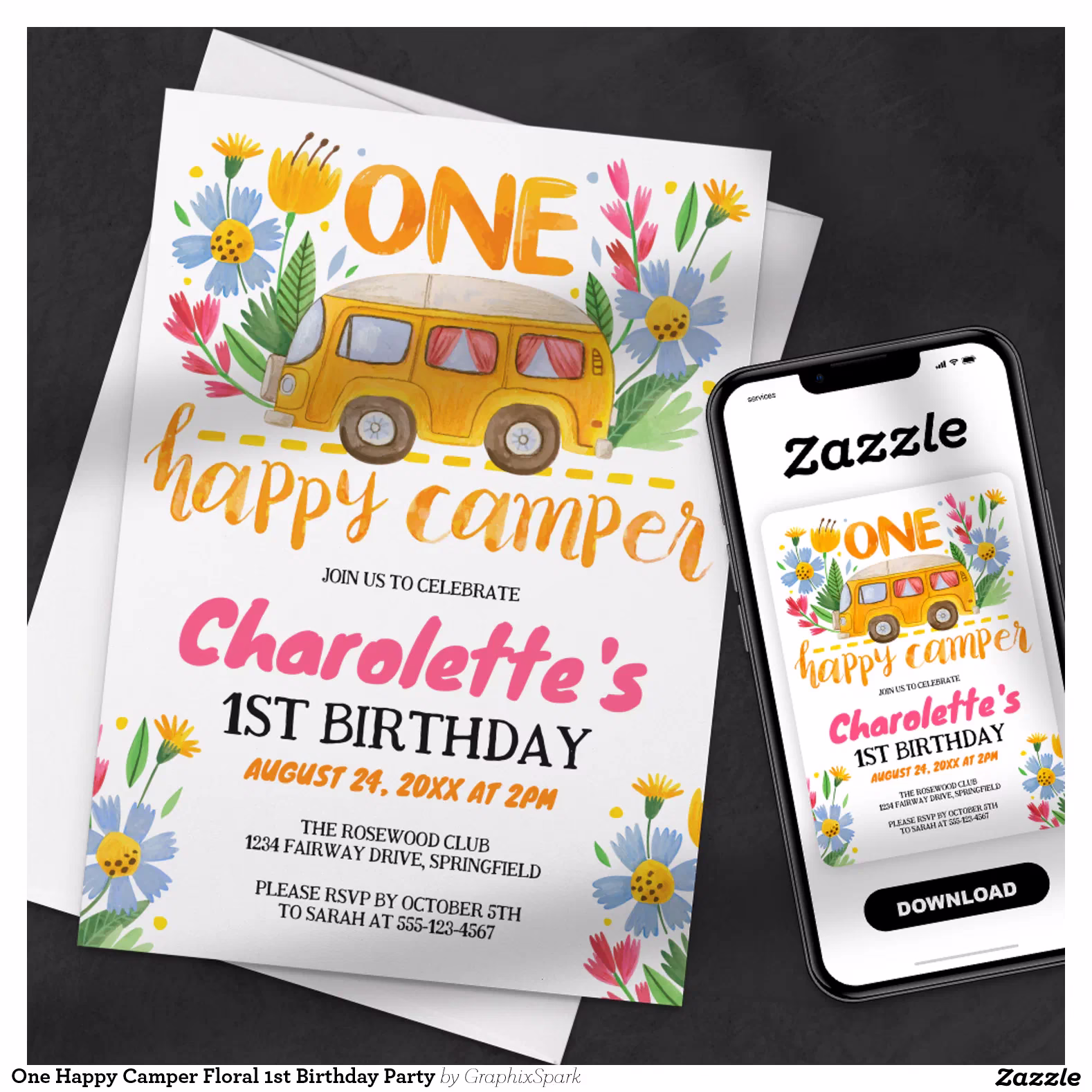 One Happy Camper Floral 1st Birthday Party Invitation