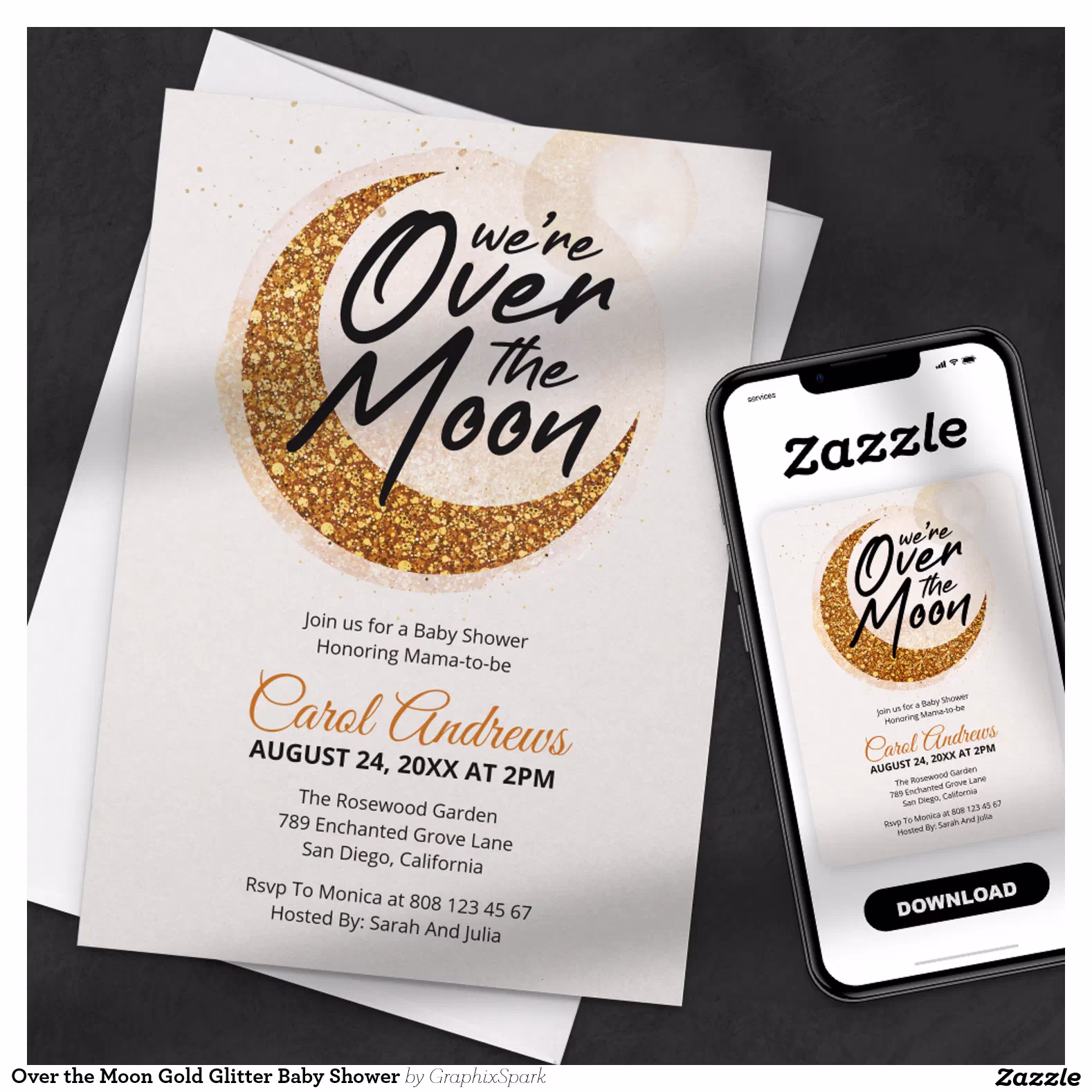 Over the Moon Gold Glitter Baby Shower Invitation