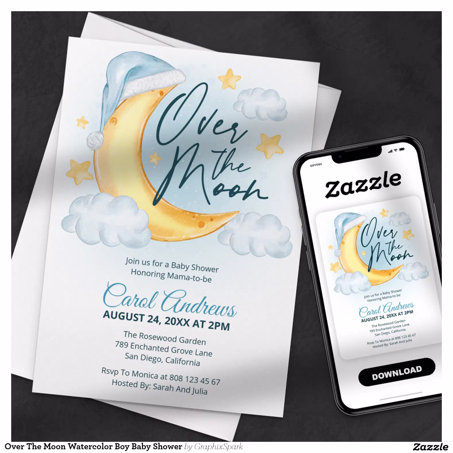 Over The Moon Watercolor Boy Baby Shower Invitation