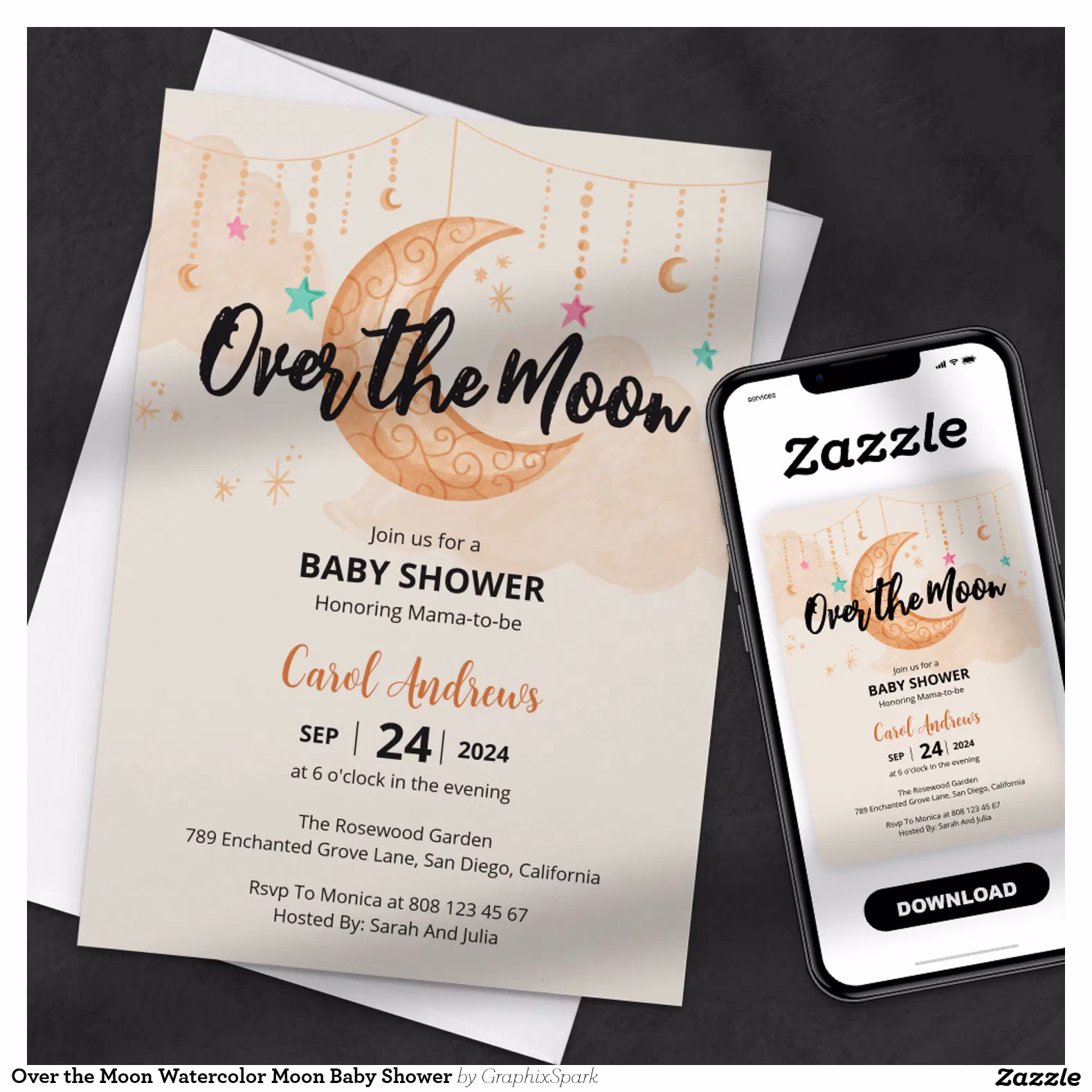 Over the Moon Watercolor Moon Baby Shower Invitation