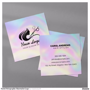 Pastel Holographic Hairstylist Logo Square Business Card