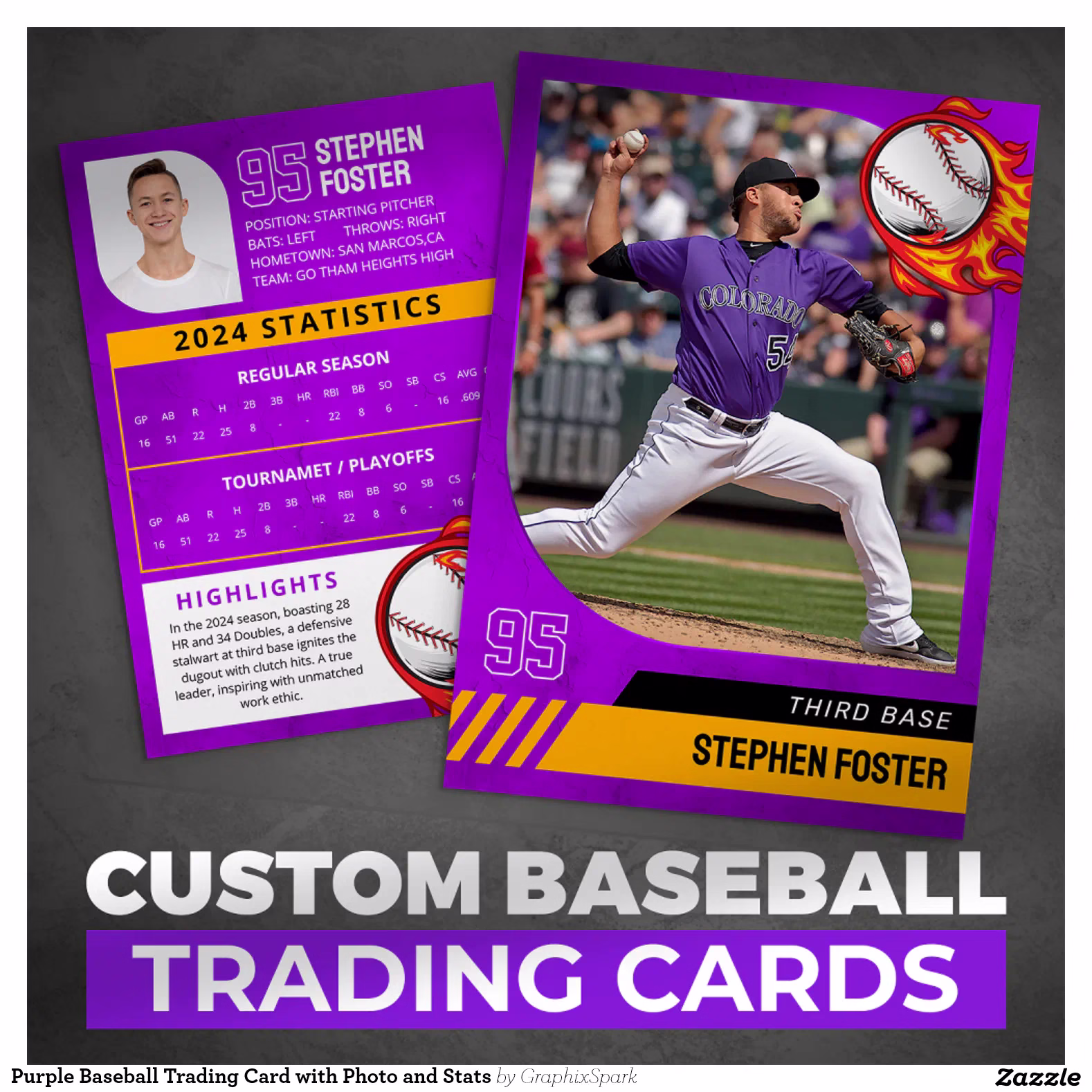 Purple Baseball Trading Card with Photo and Stats