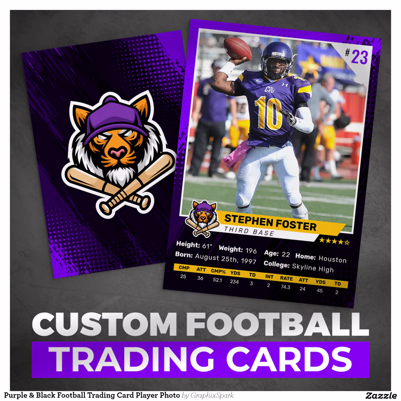 Purple & Black Football Trading Card Player Photo