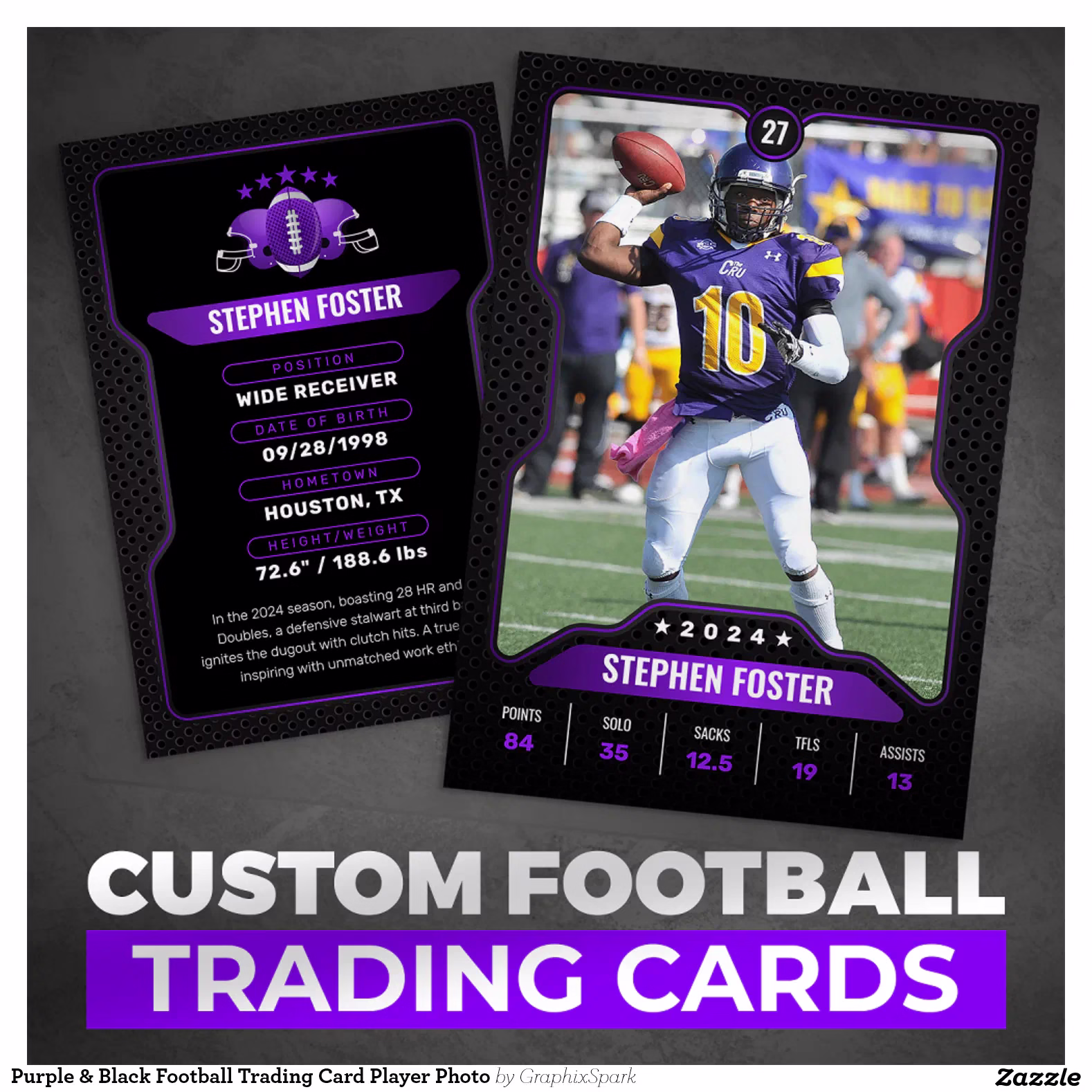 Purple & Black Football Trading Card Player Photo